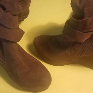 Brown wedge boots to knee